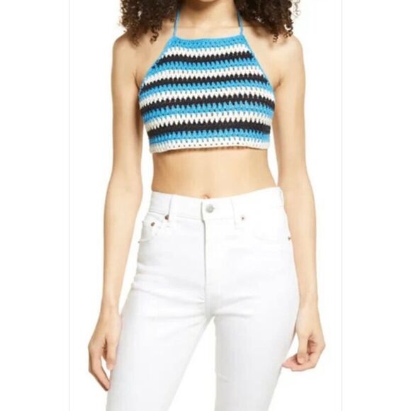 BP Nordstrom crochet halter cropped top in blue black ziggy stripe size S NWT - Picture 1 of 4